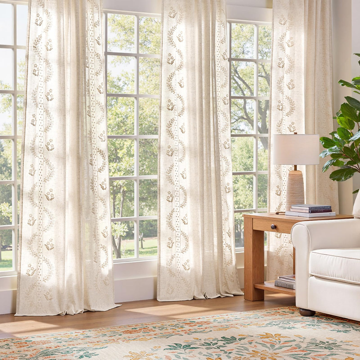 jinchan Belrose Linen Curtains for Bedroom Floral Curtains 84 Inch Length Linen Blend Ivory Embroidered Drapes Farmhouse Flower Patterned Drapes for Living Room Window Treatments Set 2 Panels jinchan