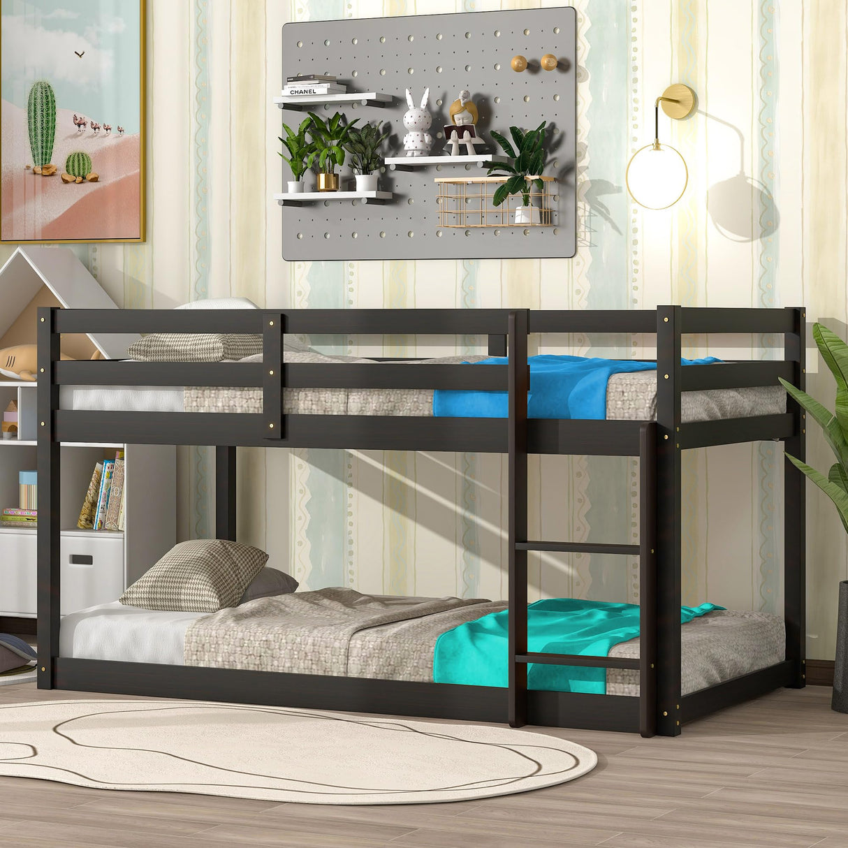 Anwick Twin Over Twin Low Bunk Bed with Stairs and Rails, Wooden Bunk Beds Frame with Safety Guardrail and Slats for Toddlers, Kids, Teens, Boys, Girls, Noise-Free (Espresso, Loft) Anwick