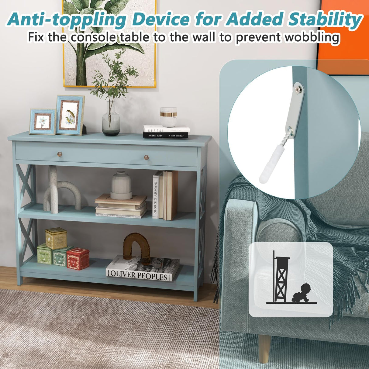 GOFLAME 3-Tier Sofa Tables, Long Narrow Console Table with Large Drawer & 2 Open Storage Shelves, Wooden Entry Table, Modern Entryway Table with Storage for Living Room, Entryway, Hallway (Green) GOFLAME