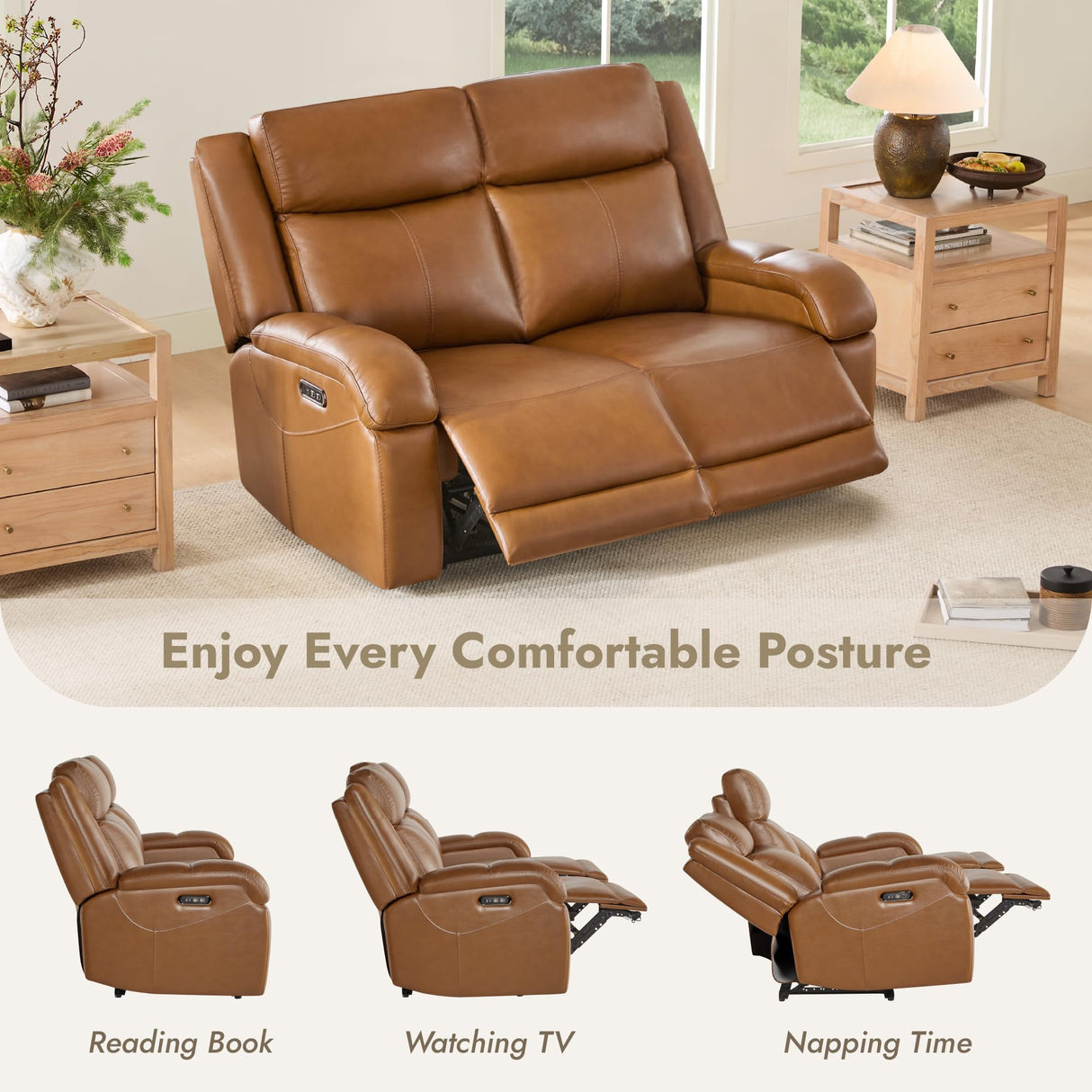 Watson & Whitely Genuine Leather Power Loveseat Recliner Sofa, 2 Seat Wall Hugger Reclining Sofa with Power Headrest & Charging Ports, Dual Recliner Sofas for Living Room, RV, Saddle Brown Watson & Whitely