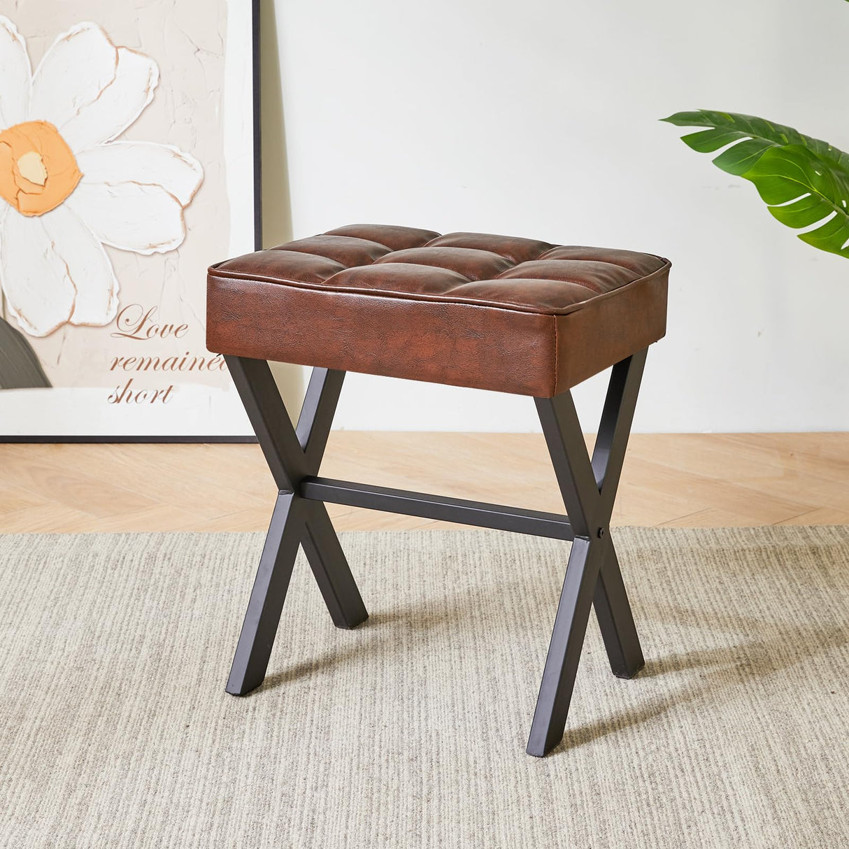 IBUYKE Square Makeup Stool with X-Leg Foot Rest, PU Footrest Stool, Ottoman Seat Vanity Stool, Multi-Use as Small Side Table, for Bedroom, Living Room, Dark Brown LG-71Z IBUYKE