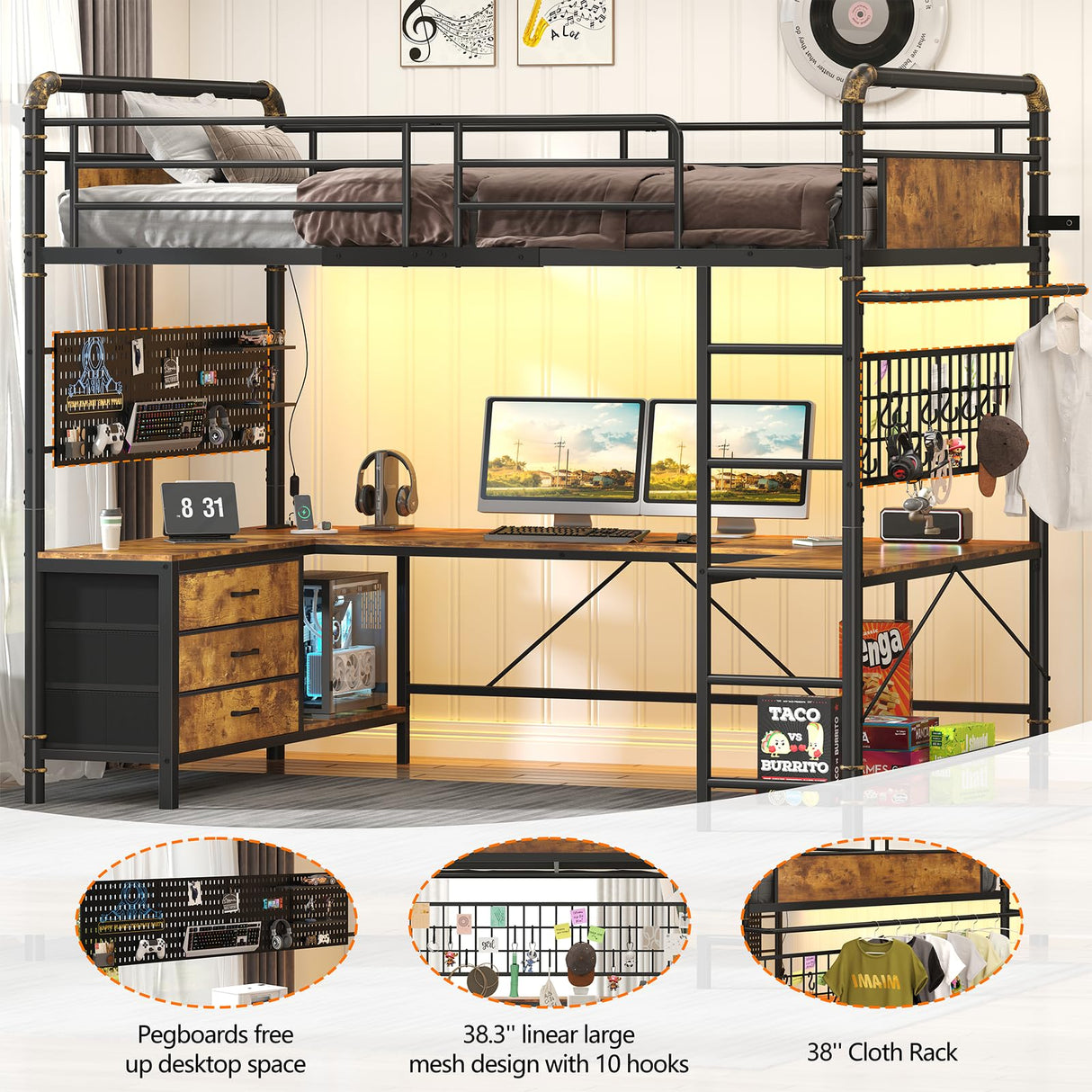 CSZZD Twin Loft Bed with U-Shaped Desk, Metal Loft Bed with LED Lights, Charging Station, Industrial Heavy Duty Bunk Loft Bed Frame with Desk and 3 Storage Drawers, 3 Pegboards, Safety Guard & Ladder CSZZD