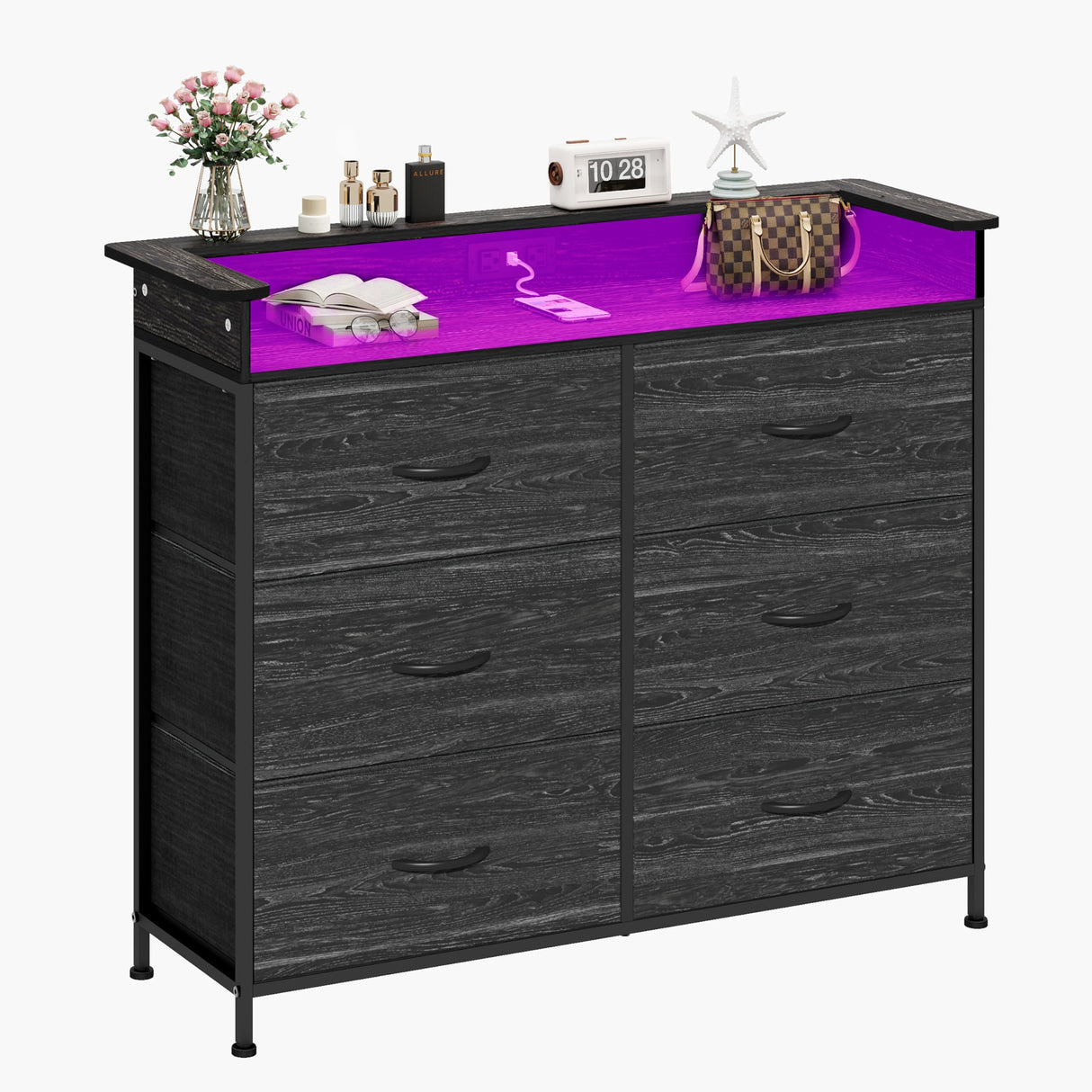 Welfuturer Black Dresser for Bedroom with LED Light & Charging Station Dresser with 6 Drawers Storage Tower for Closet Living Room Hallway Entryway Sturdy Steel Frame Double Wooden Tabletop Welfuturer