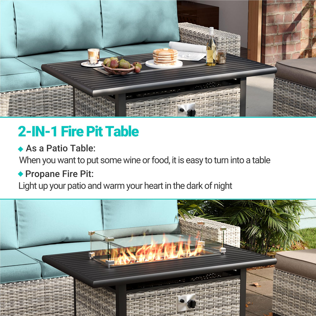 Muphyers 10-Piece Outdoor Patio Furniture Set with Rocking Swivel Chair, PE Wicker Rattan Sectional Sofa Patio Conversation Set with 55,000 BTU Fire Pit Table & Coffee Table, Light Blue Muphyers