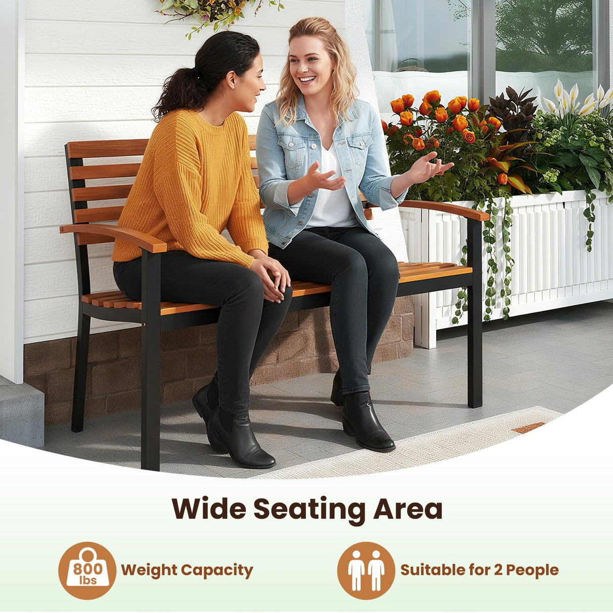 Tangkula 43" Outdoor Garden Bench, 2-Person Acacia Wood Bench with Heavy-Duty Metal Frame, Slatted Seat & Curved Armrests, 800 lbs Weight Capacity, Patio Bench for Porch, Yard, Balcony, Lawn Tangkula