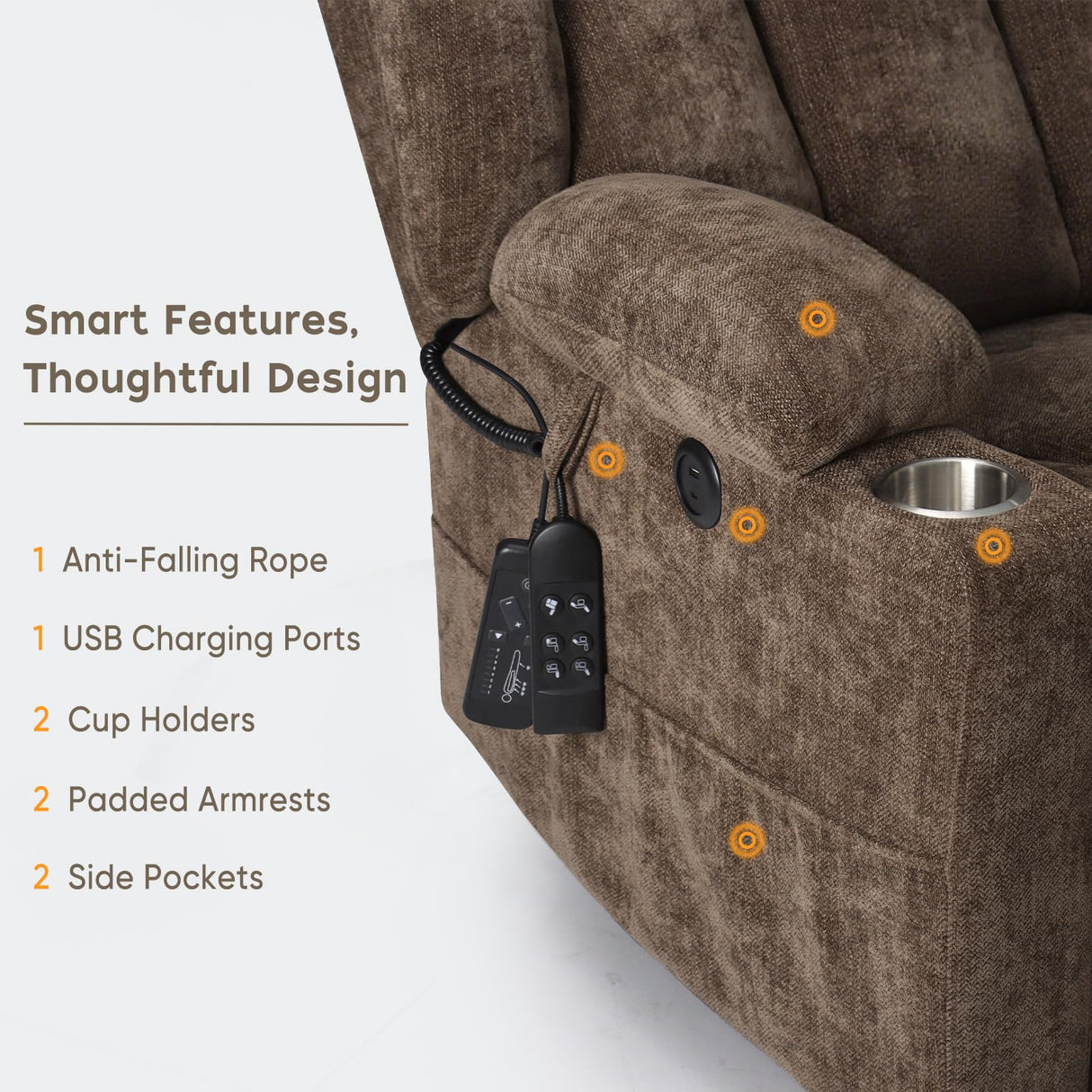 ABCASA Large Dual Motor Lay Flat Power Lift Recliners Chair for Elderly with Heat & Massage, Comfortable Chenille Recliner, USB-A & C, Cup Holder, Side Pocket, Brown ABCASA