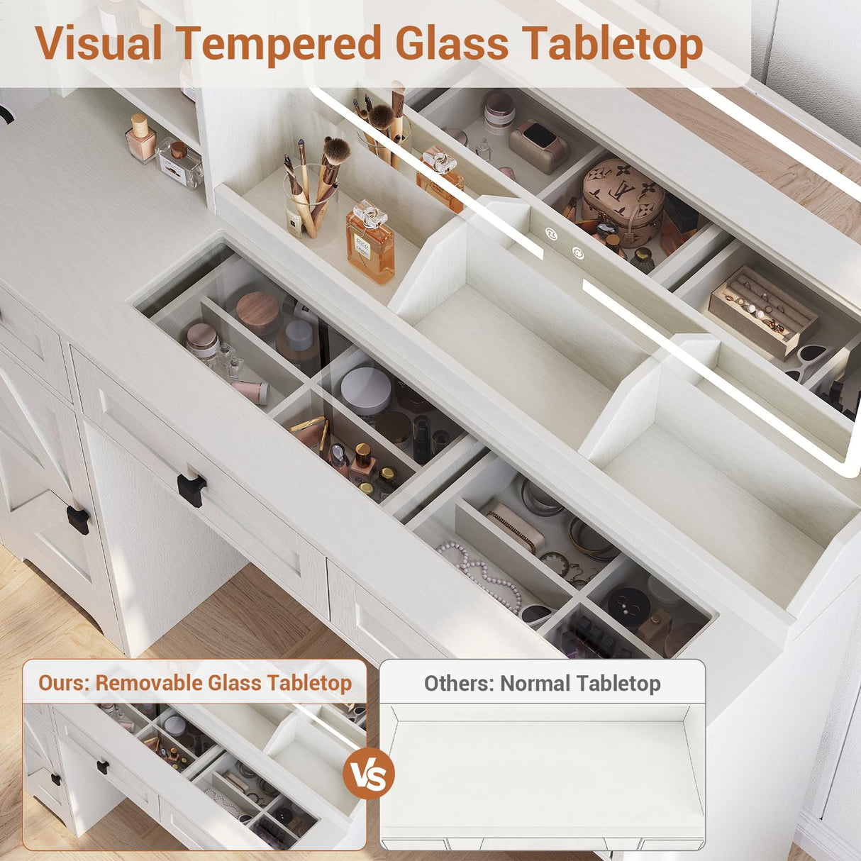 Seetech Farmhouse Makeup Vanity Desk with Mirror and Lights - 47.2" Dressing Table Set with Storage Stool, 3 Drawers, 6 Shelves, Cabinet, Power Outlet, for Bedroom, for Women, for Teen Girl, White Seetech