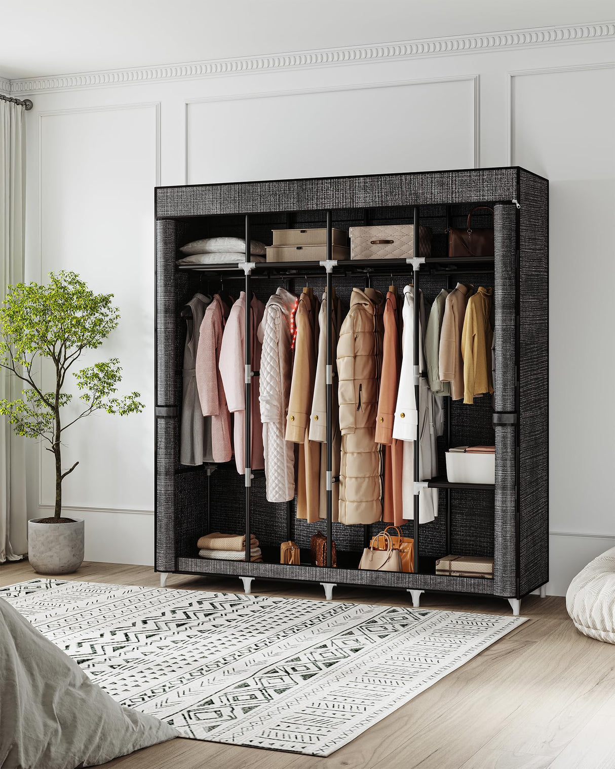 Hzuaneri 67 Inch Closet Wardrobe, Clothes Storage Organizer for Hanging Clothes with Cover, 4 Hanging rods, 9 Storage Shelves, Portable Closet for Bedroom 67 x 16.5 x 66 Inches, Starry Sky Black Hzuaneri