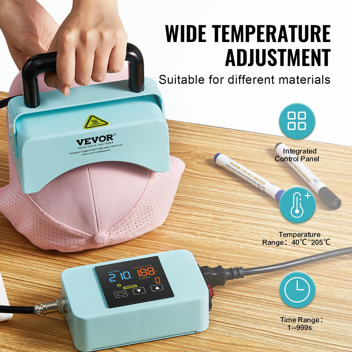 VEVOR Hat Press Machine, Mini Hat Heat Press for Caps with Integrated Control Panel, Cap Heat Press Machine with 5.9x3.15 inch Curved Heating Plate, Safety Base, and Glove, Automatic Shut-Off, Green VEVOR