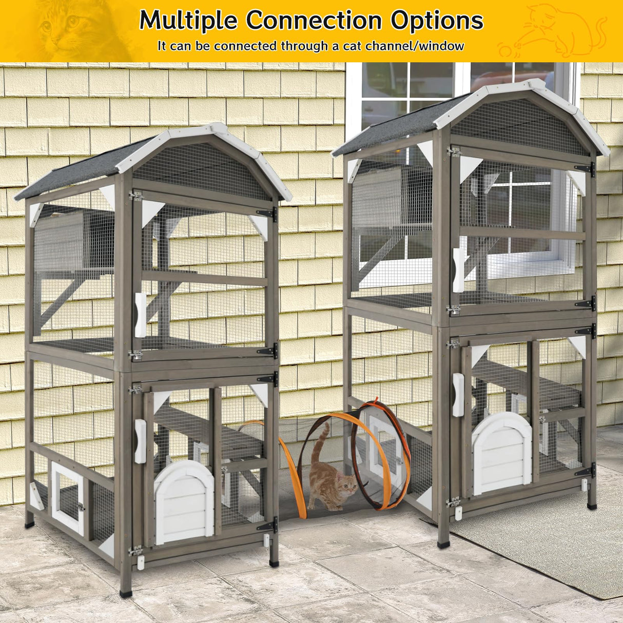 Catio Cat House Outdoor Cat Enclosure Window Large Cat Cage Indoor Outdoor with Multiple Platforms Waterproof Roof and Resting Box Shelter for Stray Kittens (Grey, 29.5" D x 29.5" W x 68.1" H) ketive