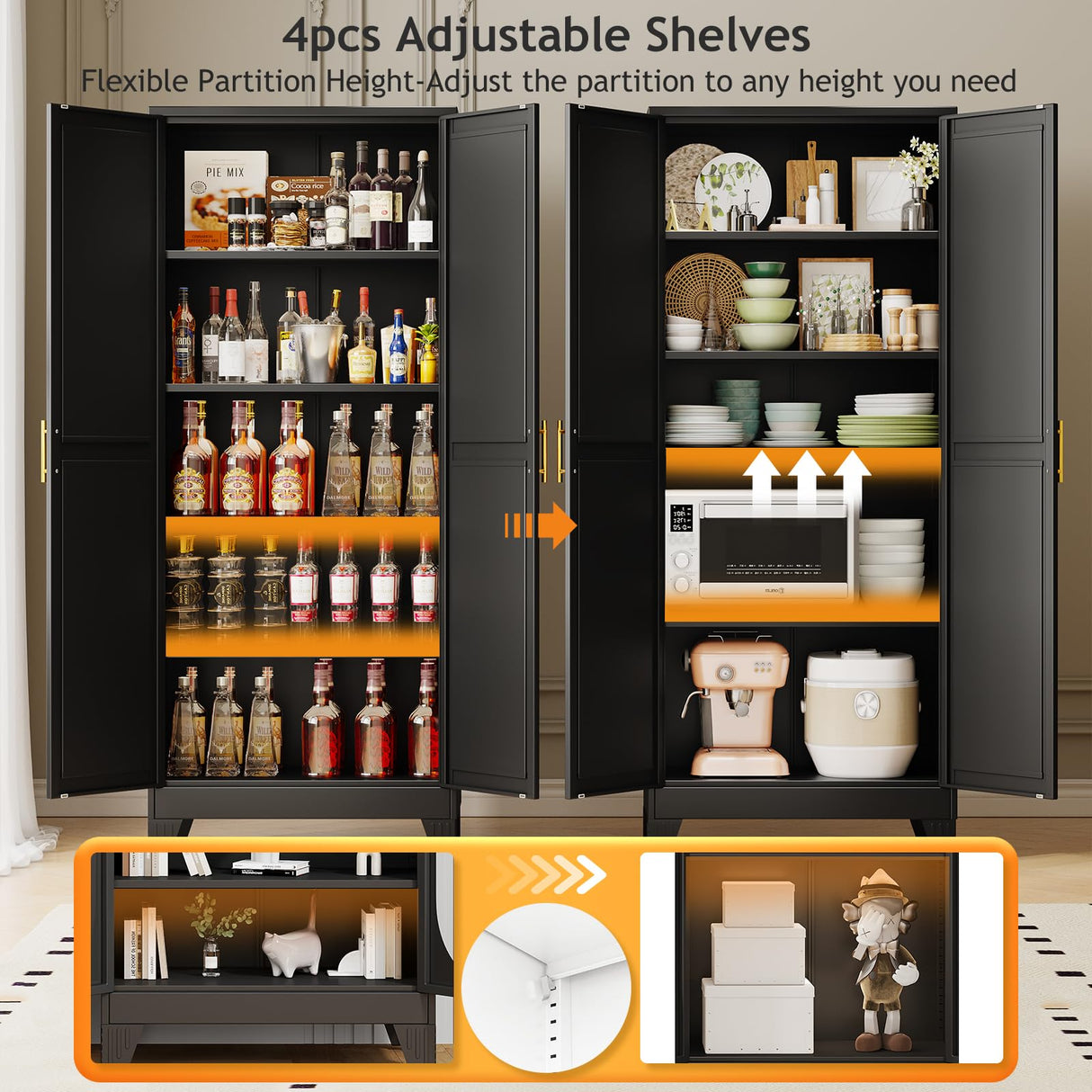 PAOFIN 71" Tall Metal Pantry Storage Cabinet with Doors and 4 Adjustable Shelves, Black Kitchen Food Pantry Cabinets, Tall Freestanding Cupboard for Kitchen, Dining Room or Living Room, Black PAOFIN