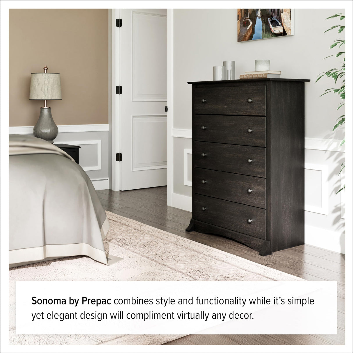 Prepac Sonoma Traditional 5-Drawer Tall Dresser for Bedroom, Functional Bedroom Dresser Chest of Drawers 17.75" D x 31.5" W x 44.75" H, Washed Black, HDC-3345 Prepac