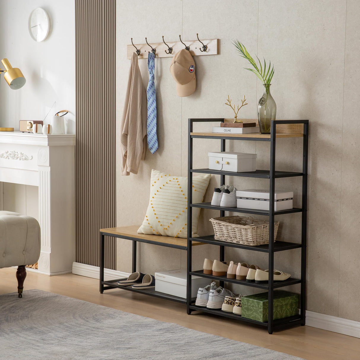 SUNTAGE 6-Tier Coat Rack Shoe Bench Set, Entryway Bench with 6 Hooks Coat Rack, Hall Tree with Bench and Shoe Storage for Entryway, Hallway, Garage, Bedroom (Vintage Oak) SUNTAGE