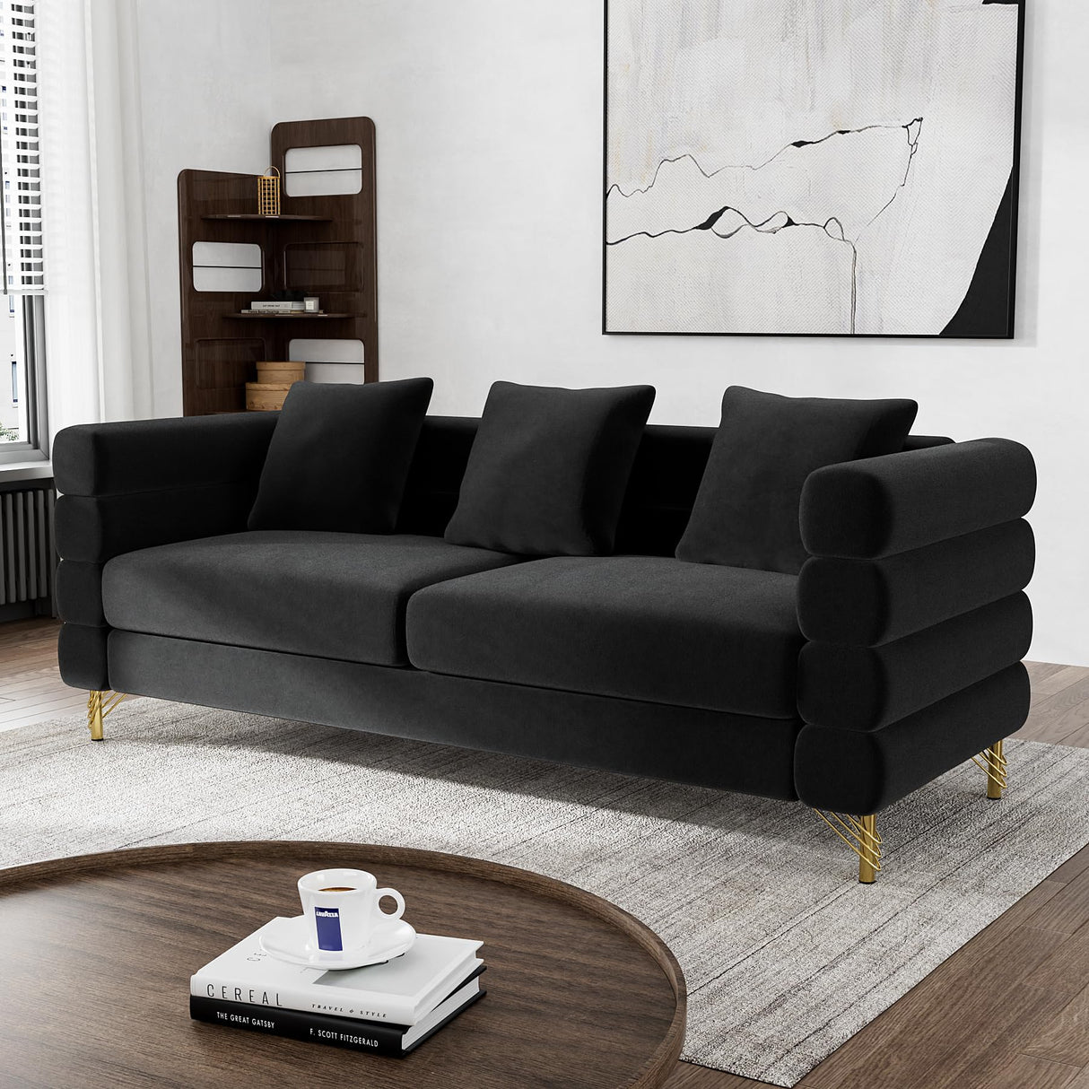 OUYESSIR Cloud Sofa Couch for Living Room, 79" Comfy Deep Seat Velvet Sofa with 3 Pillows and Gold Legs, Modern Upholstered 3 Seater Large Loveseat for Bedroom Office, Dark Black Velvet OUYESSIR