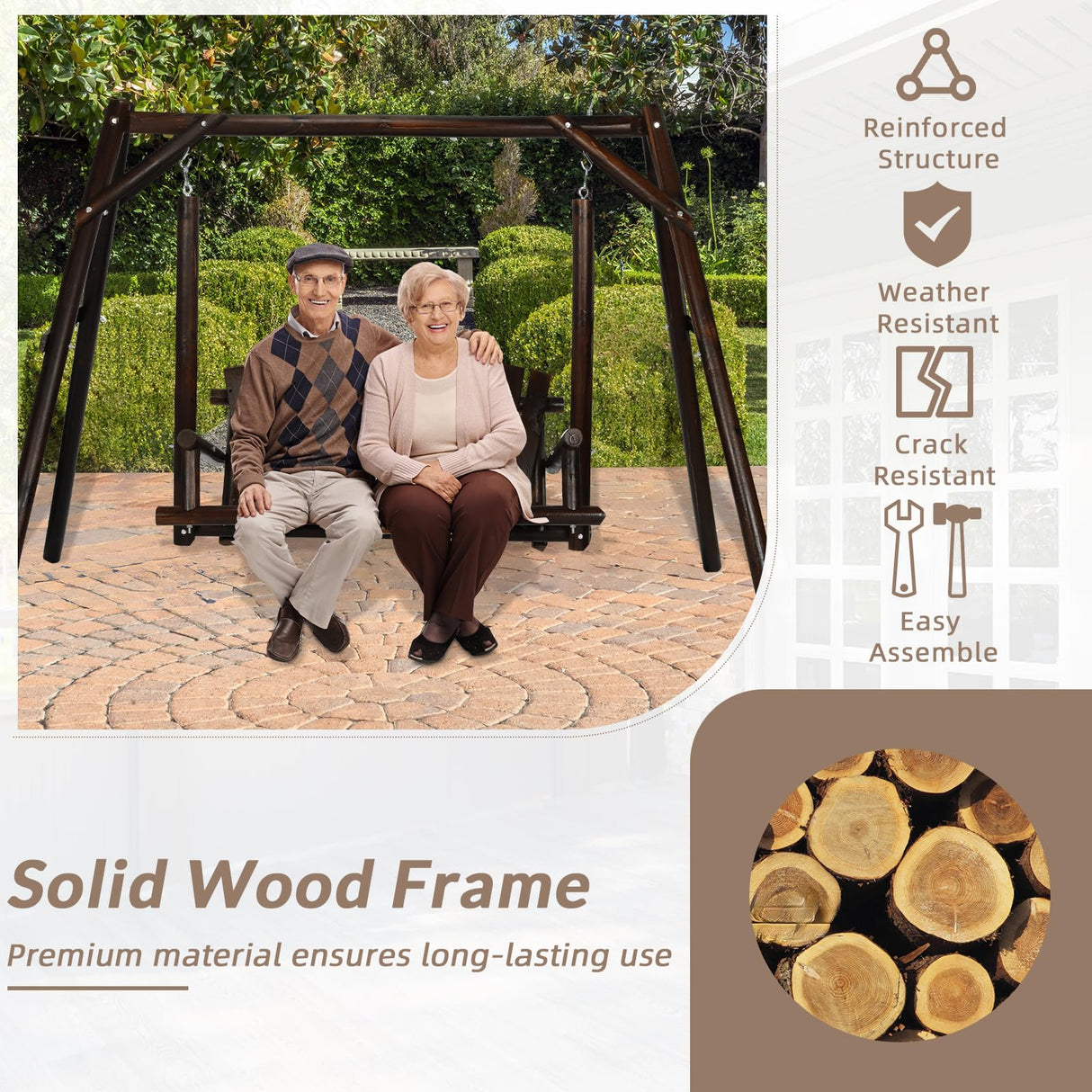 EPICOZY 2-Seat Porch Swing, Wooden Log Patio Swing Chair Bench with Stand, Rustic Hardwood Swing Chair with Curved Back, Wood Seating Porch Swings for Outside Yard, Garden, Deck, Poolside, Carbonized EPICOZY