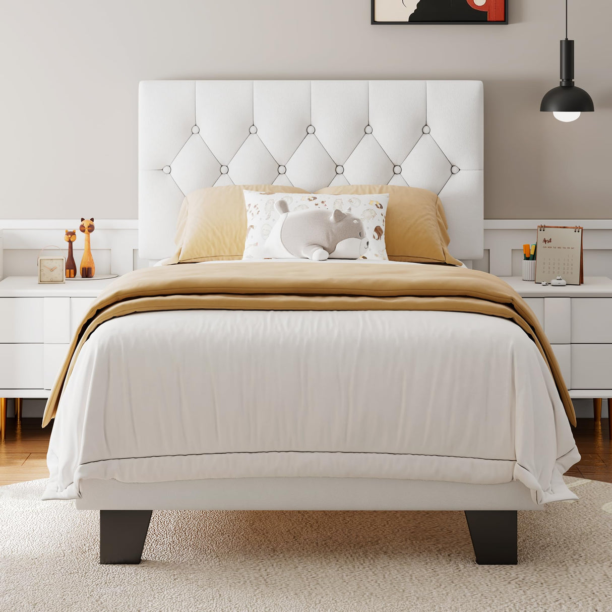 Feonase Velvet Twin Platform Bed Frame with Button Tufted Headboard, Upholstered Bed with Wooden Slats Support, No Box Spring Needed, Easy Assembly, Noise-Free, White Feonase
