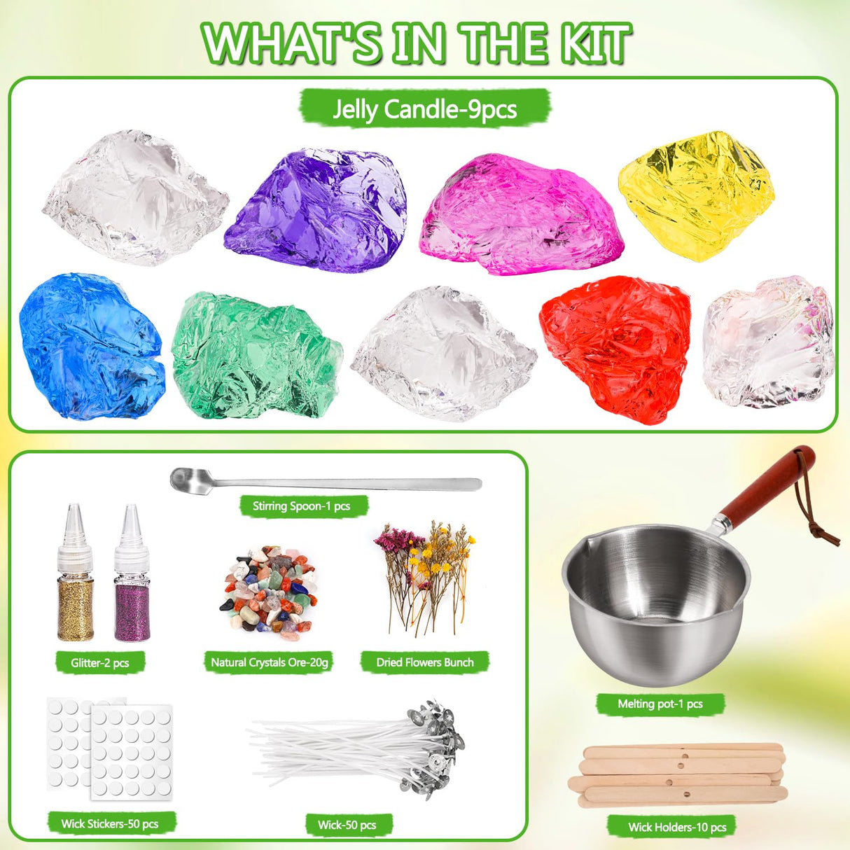 Jelly Candle Making Kit,9pcs Gel Wax -7 Colors Candle Making kit,Includes Wax Wicks Wick Stickers,Wooden Wick Holders and More,DIY Starter Candle Making Kit 2.8LB/45oz Blingfun