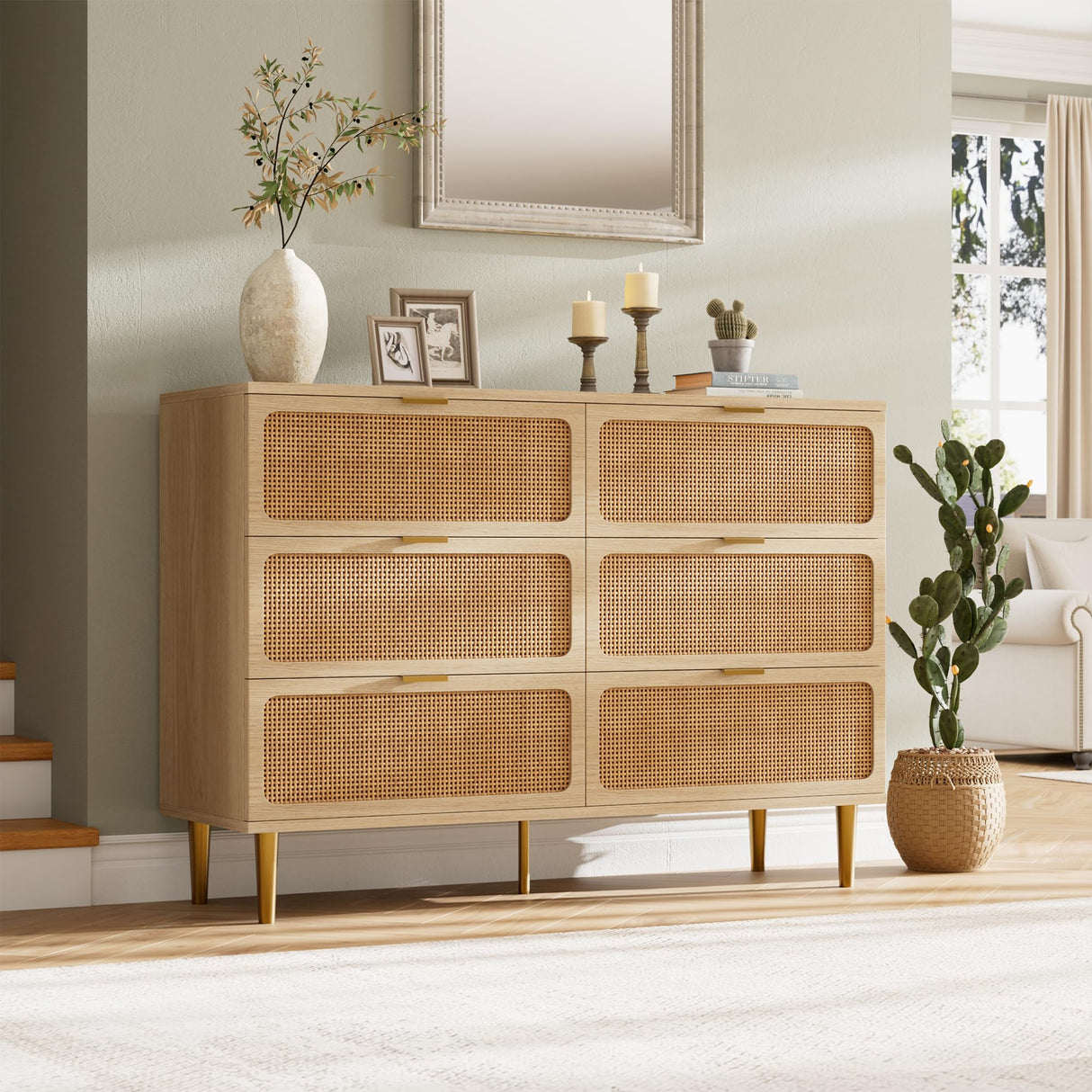 Rattan 6 Drawer Dresser for Bedroom, Large Double Dresser with Deep Drawers, Chest of Drawers for Closet with Wide Top, Long Wooden Dresser for Living Room, Hallway, Kids Room, Natural GarveeHome