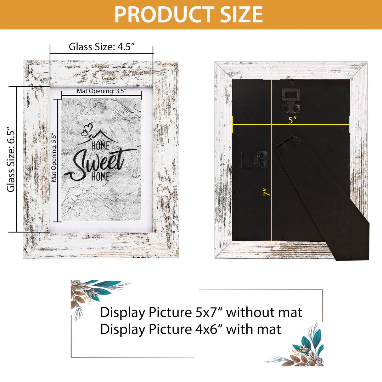 Califortree Rustic White 5x7 Picture Frame - Display Photos 4x6 with Mat or 5x7 Without Mat - Real Glass Frames for Wall and Tabletop - Set of 2 Califortree