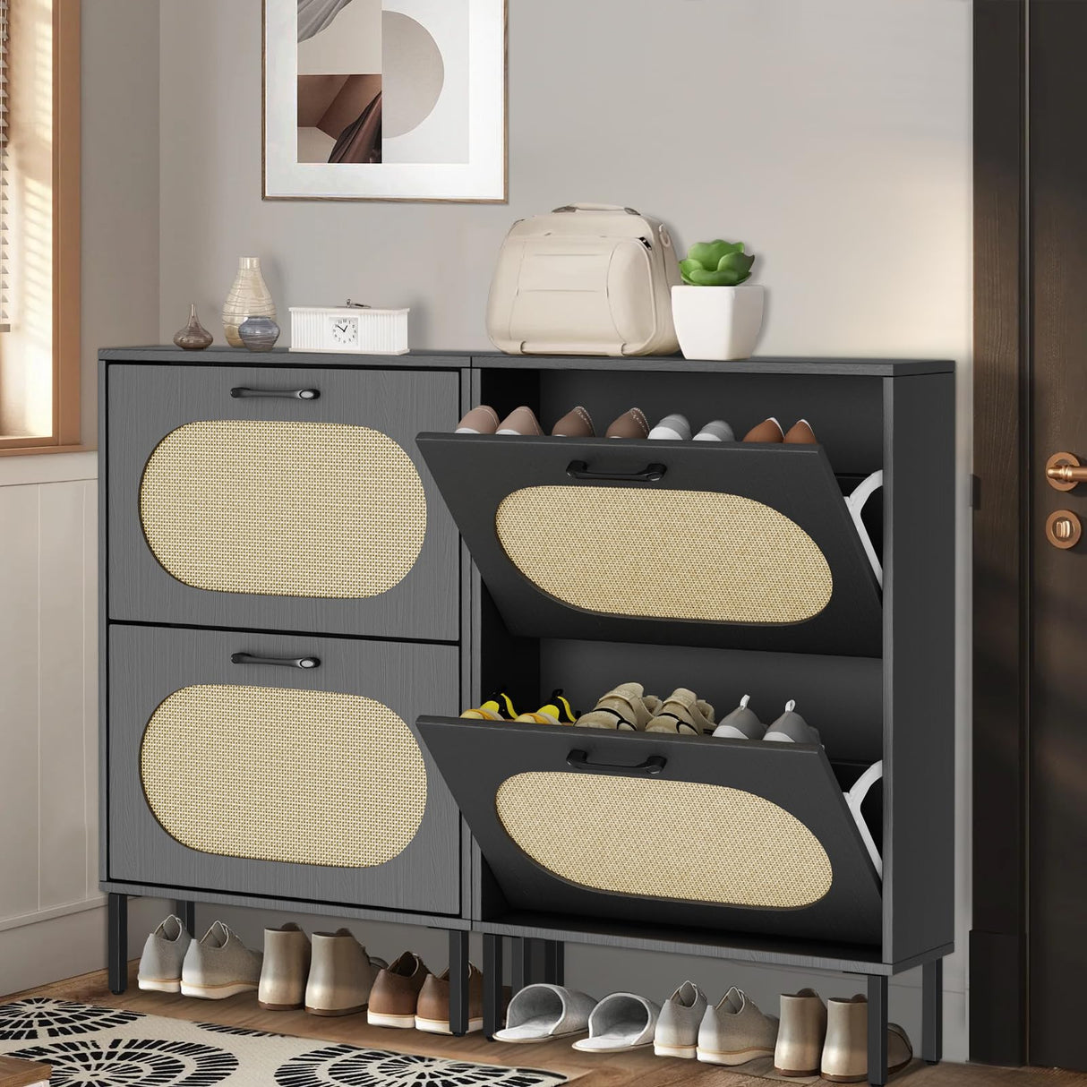 SUNCROWN Shoe Storage Cabinet with 2 Flip Drawers, Freestanding Narrow Shoe Rack Organizer for Entryway with Natural Semi-Circular Rattan Doors, Shoe Shelves,Black SUNCROWN