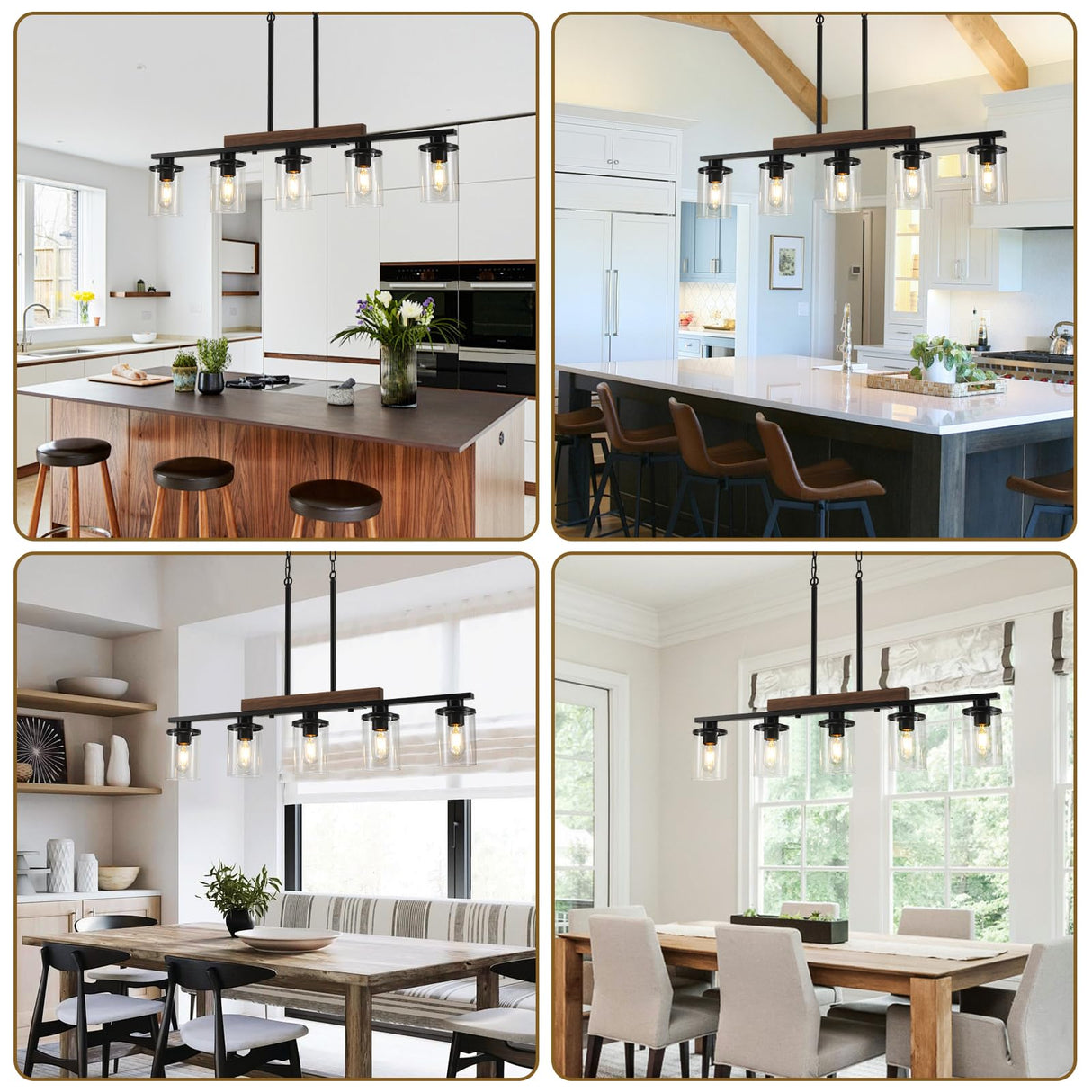 Kitchen Island Lighting,5-Light Dining Room Light Fixture/Chandelier Over Table,Black Modern Rustic Wood Ceiling Pendant Light Fixtures, with Clear Glass Shade,Farmhouse Chandelier (Black, 5-Light) CmnVmn