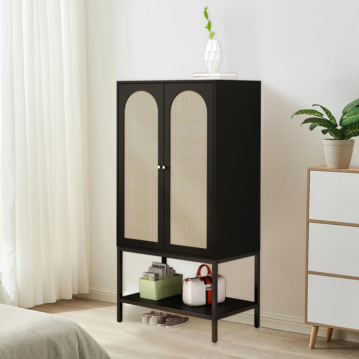 UHMUVFM Wardrobe Closet with 2 Doors, Rattan Wardrobe Cabinet with Shelves and Hanging Rail for Clothes, Bedroom Independent Wardrobe Closet (Black) UHMUVFM