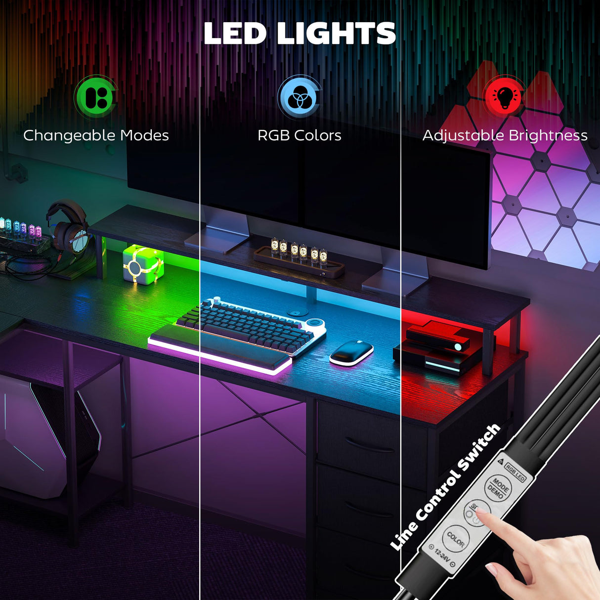 HOMCOM 66" L Shaped Gaming Desk, Reversible, 105" 2 Person Computer Desk with File Cabinet and Fabric Drawers, Power Outlets and LED Lights, Monitor Stand, Distressed Black HOMCOM