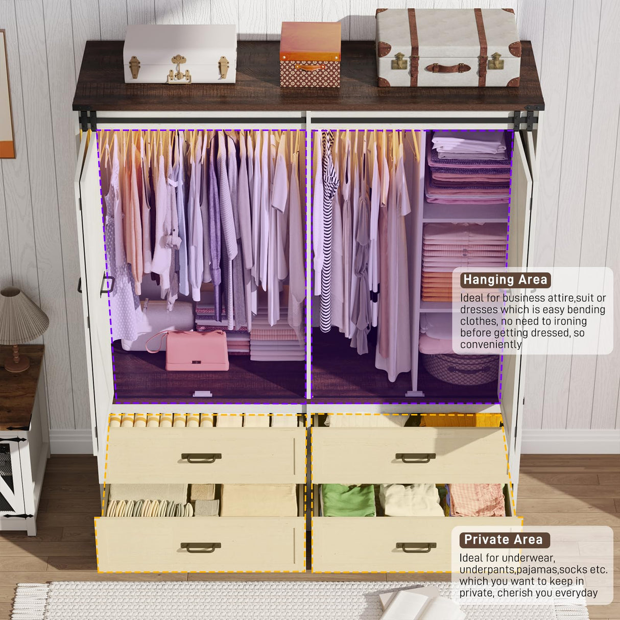 Farmhouse 4 Doors Armoire Wardrobe Closet w/Folding Sliding Barn Door and Lights, LED Armoire Closet w/Drawers for Bedroom, Freestanding Wooden Wardrobe Storage Closets w/Hanging Rod,Antique White jiteentarou