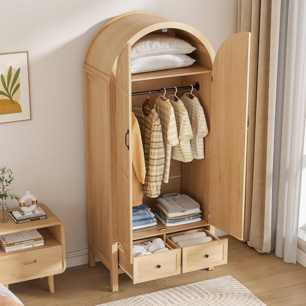 Lxsxlome Wardrobe Closet, Armoire Wardrobe Closet with Drawers and 2 Arched Fluted Doors, 70.87‘’ Tall Wooden Bedroom Armoires with Shelves and Hanging Rod (1, Wood Color) Lxsxlome