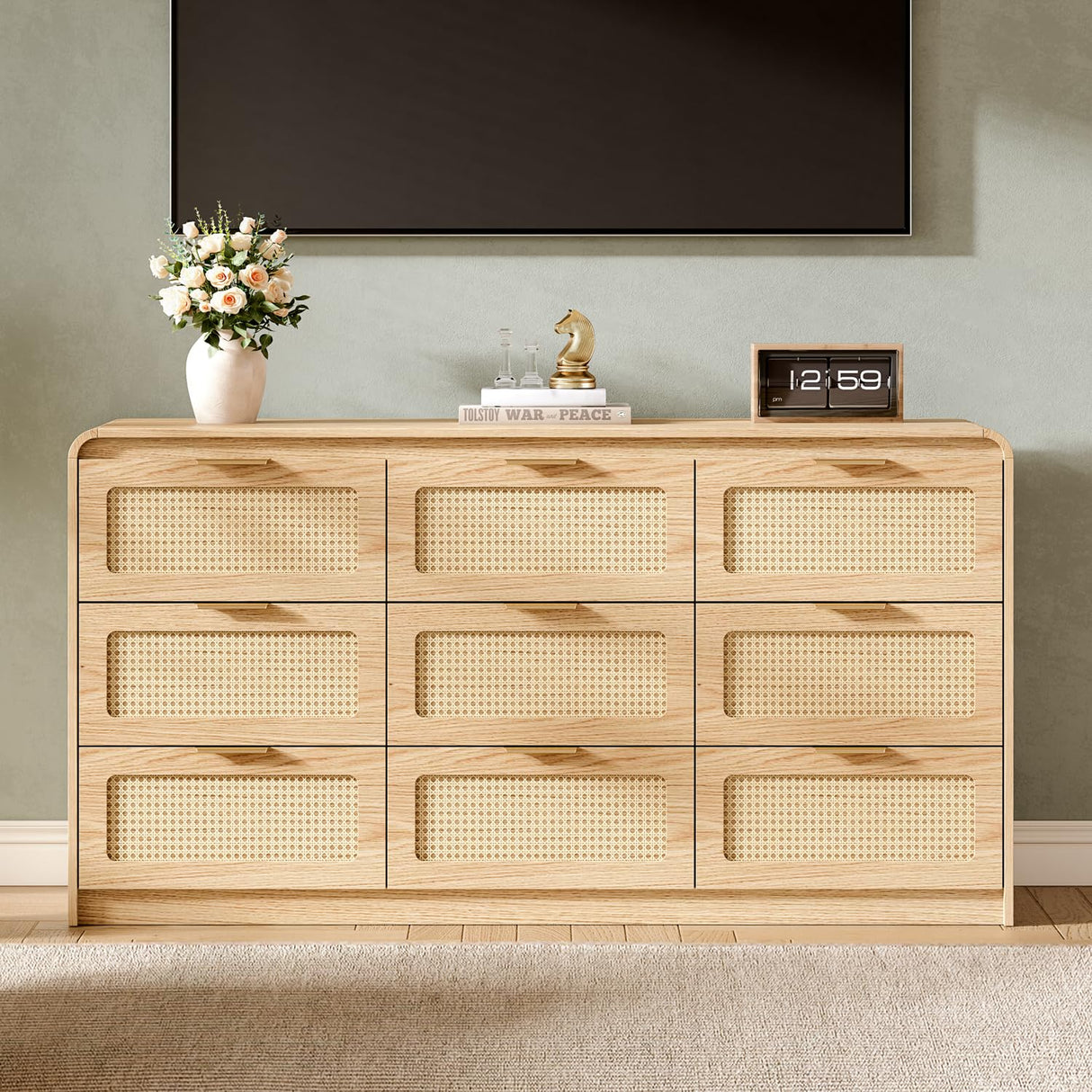 Ieejdn Mid Century Modern Dresser,Rattan 9 Drawers Dresser for Bedroom, 59" Wide Wood Dressers & Chests of Drawers/Curved Profile Design, Natural Texture for Bedroom, Living Room, Warm Wood