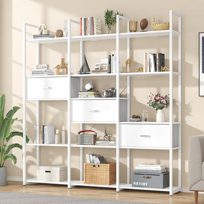 Nosepen 73.6" Tall Bookshelf with 3 Drawers and 16 Storage Shelves, Industrial Bookcase with 16 Open Display Shelves, Large Etagere Bookshelf, Triple Wide Book Shelf Book Case for Home & Office, White