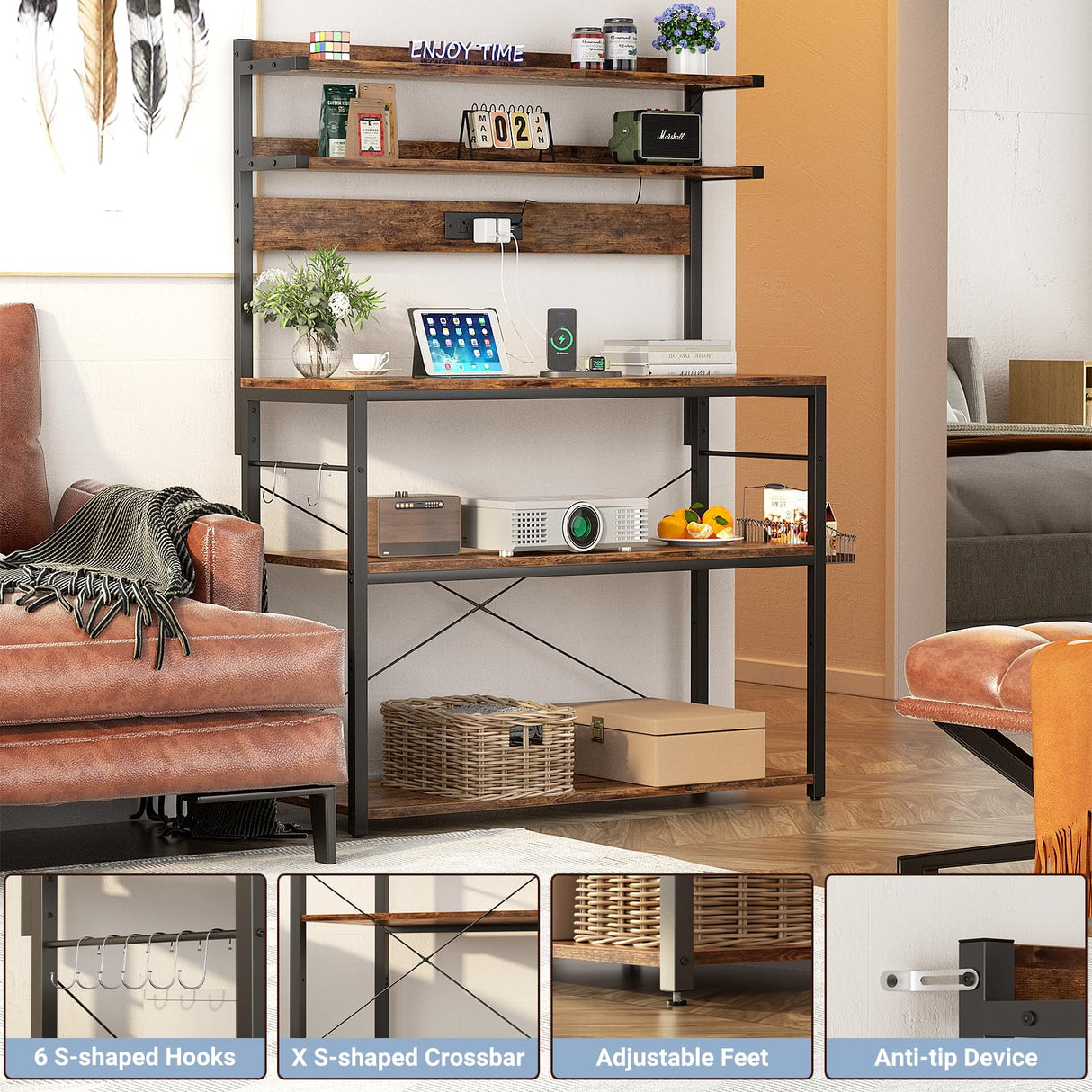 Aheaplus Bakers Rack with Power Outlet, Microwave Stand, 5 Tiers Coffee Bar Station with Led Lights, Kitchen Storage Shelf with 6 S-Shaped Hooks, Kitchen Rack Coffee Bar Stand, Rustic Brown Aheaplus