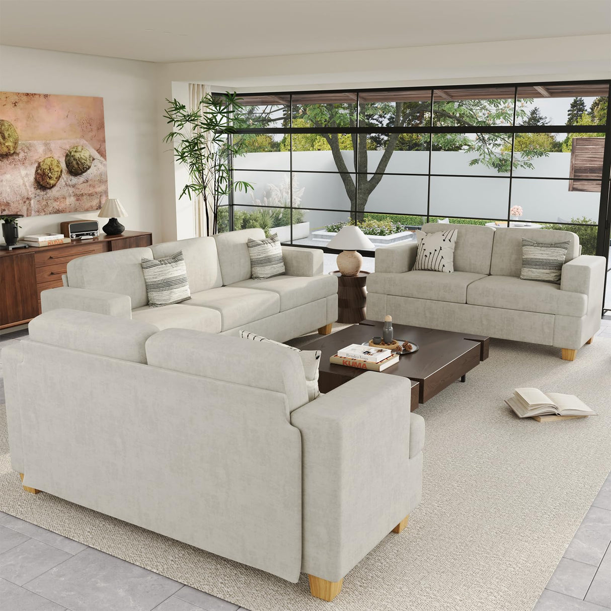 YOUDENOVA Sofa, 2 Piece Set Comfy Couch, 3 Seater & Loveseat Sofa with Deep Seats, Modern Sleeper Couch for Living Room, Beige Chenille YOUDENOVA