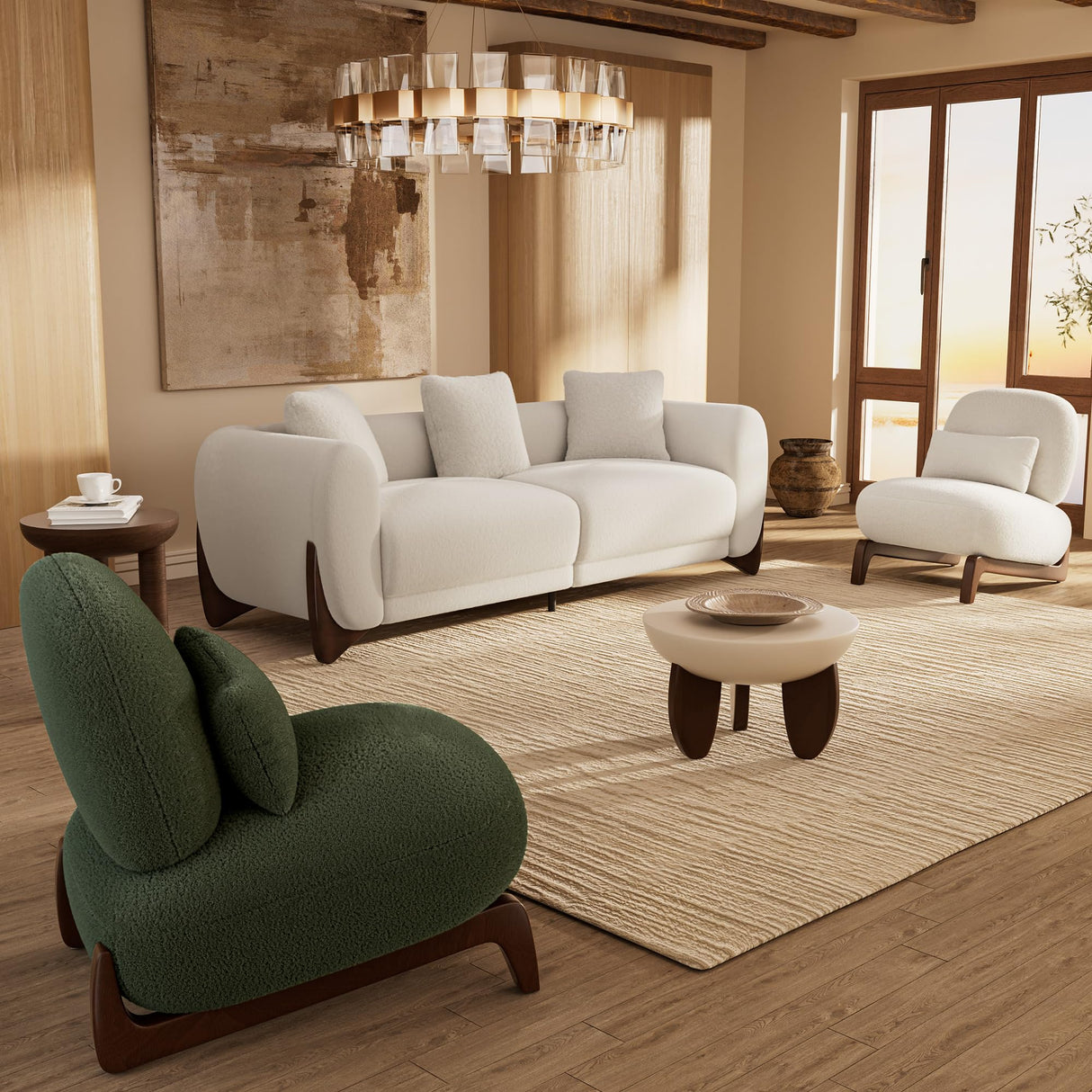 Morden Fort Modern Cloud Couch - 3 Seater Boucle Sofa with Crescent Wood Legs, Ultra-Thick High Resilience Cushion with 3 Matching Pillows Upholyster Comfy Couch Sofa for Living Room - Off White Morden Fort