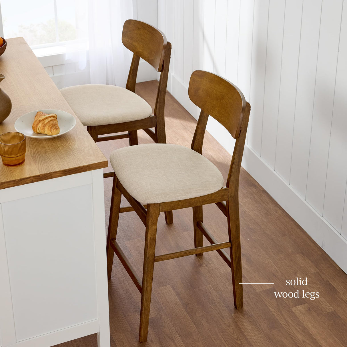 Best Choice Products Bar Stool Set of 2, Modern Farmhouse Counter Height Stools w/Armless Upholstered Cushioned Seat, Wooden Curved Backrest - Walnut/Cream Best Choice Products