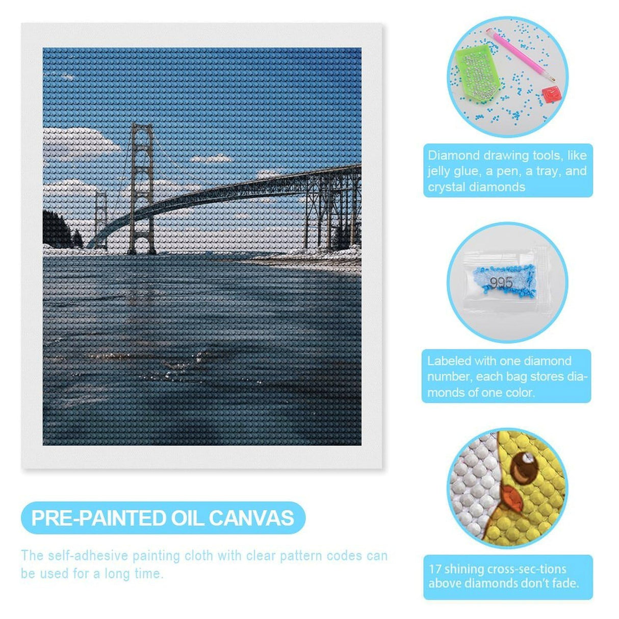 5D Diamond Painting Kits for Adult, Mackinac Suspension Bridge Diamond Art Kits for Beginners Fun DIY Crafts Round Diamond Art Canvas Home Wall Decor 16"x20" WoodArtSupply