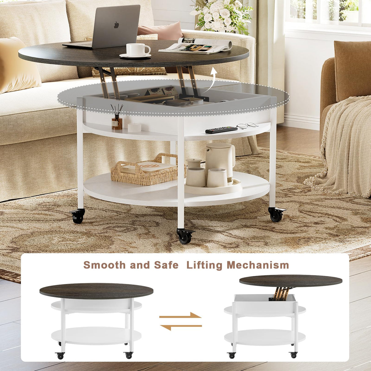 FABATO Round Lift Top Coffee Table with Wheels, Circle Center Table with Storage and Compartment, 26.77’’ Rolling Coffee Table for Living Room, 2 Tier Small Coffee Table Circle Dining Table, White FABATO