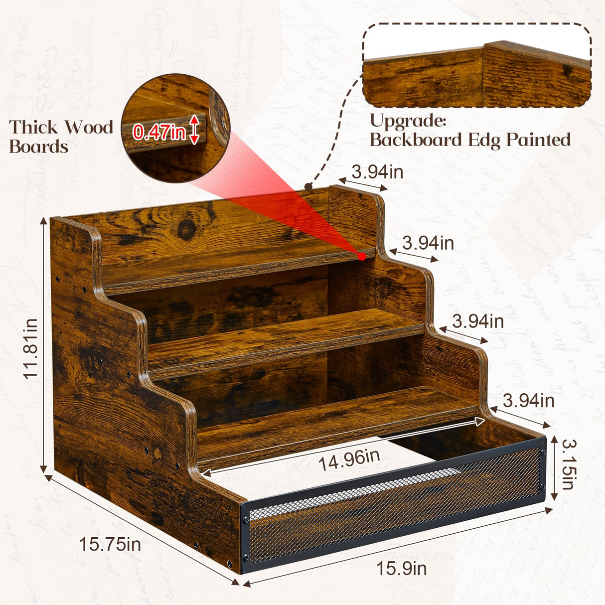Yuzehuaza 4 Step Countertop Liquor Bottle Display Shelf, Wood Bar Shelves 16 Bottles with Fences, Freestanding Storage Shelves for Liquor Whiskey Wine Coffee Syrup Display, Retro Wine Rack Home Yuzehuaza