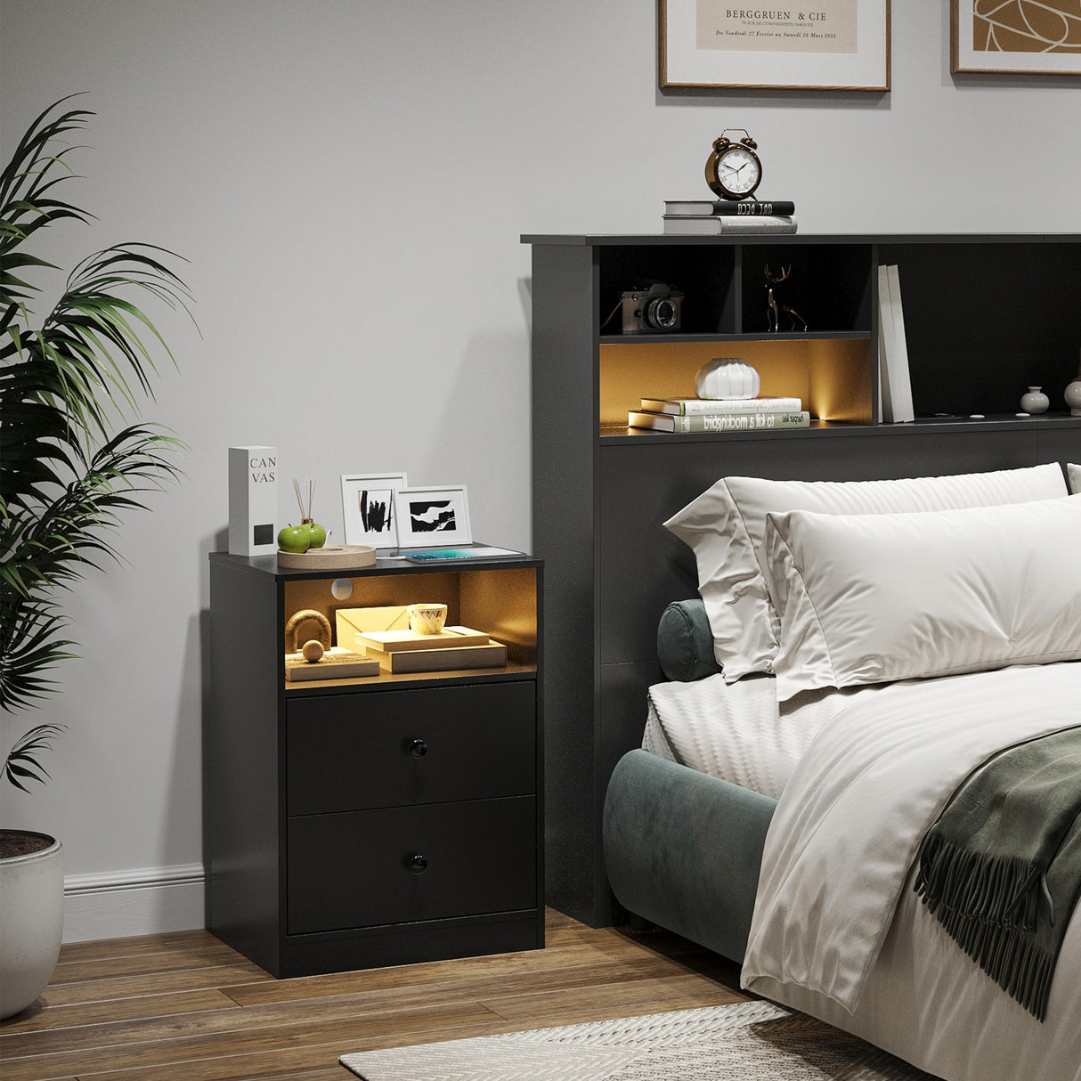 AYEASY Night Stand with Charging Station, LED Wood Black Nightstand Bedside Table with 2 USB Ports & Outlets, Nightstands with 2 Large Drawers, End Side Table Dresser with Storage Shelf for Bedroom. AYEASY