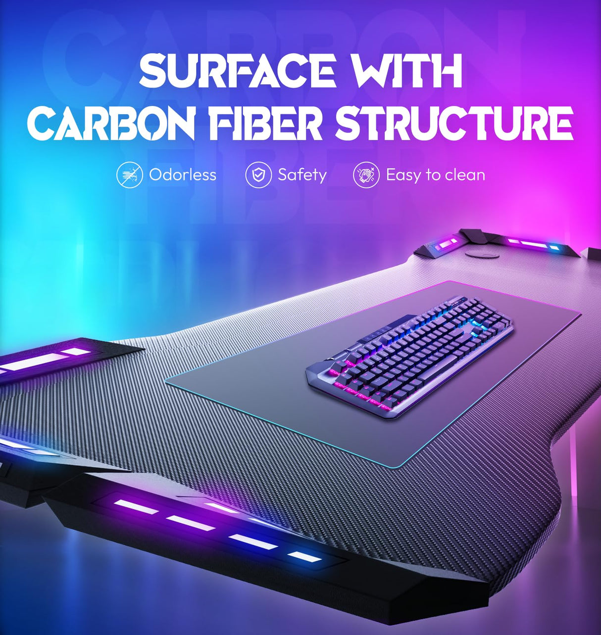 Dowinx Gaming Desk with LED Lights, RGB Gaming Computer Table with Carbon Fibre Surface, LED Home Office Desk with Remote Control, Pc Workstation, 47 Inch, Black Dowinx