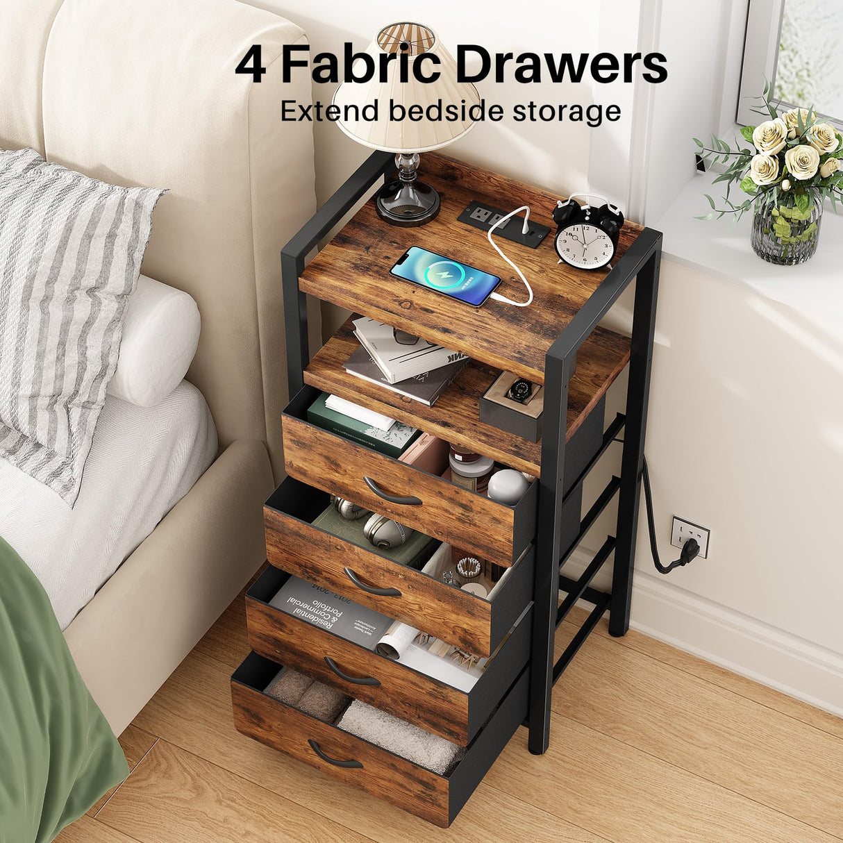 Kitstorack Night Stand with Charger Station and LED Light Rustic Brown Nightstand with Drawers Bedside Table Tall Nightstand 4 Fabric Drawers Kitstorack