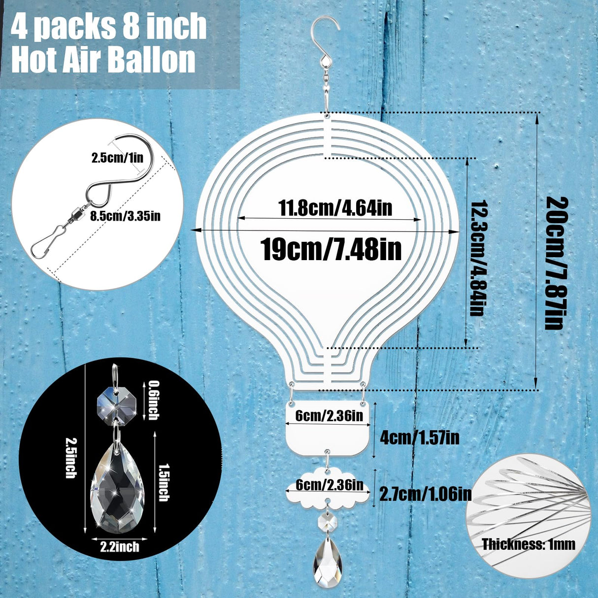 4Pack 8inch Sublimation Wind Spinner Blanks 3D Aluminum Metal Wind Sculpture Kinetic Spinners for Yard and Garden Indoor Art Ornaments Hanging Decoration (Hot Air Balloon) WindMage