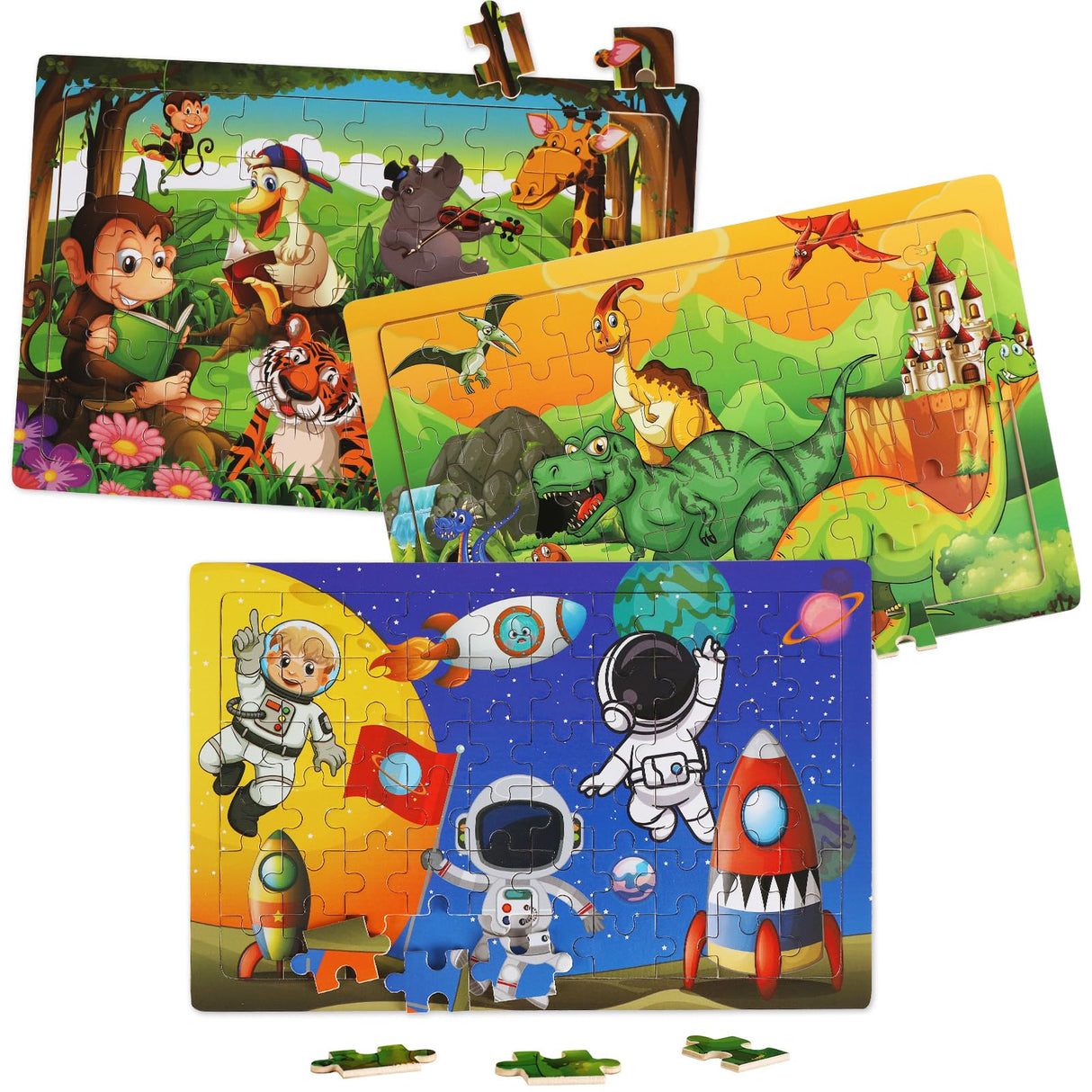 Wooden Puzzles Toys for Kids Ages 4-6, Set of 3 Packs with 60-Piece Wood Jigsaw Puzzles, Dinosaur, Animal and Space Theme. Ideal Gifts for Boys and Girls 3 4 5 6 7 8 Years Old Slotic