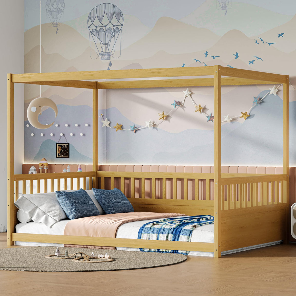 Full Size Canopy Bed Frame with 4 Posters and Guardrails, Full Size Montessori Floor Bed with High Fence, Natural Bellemave