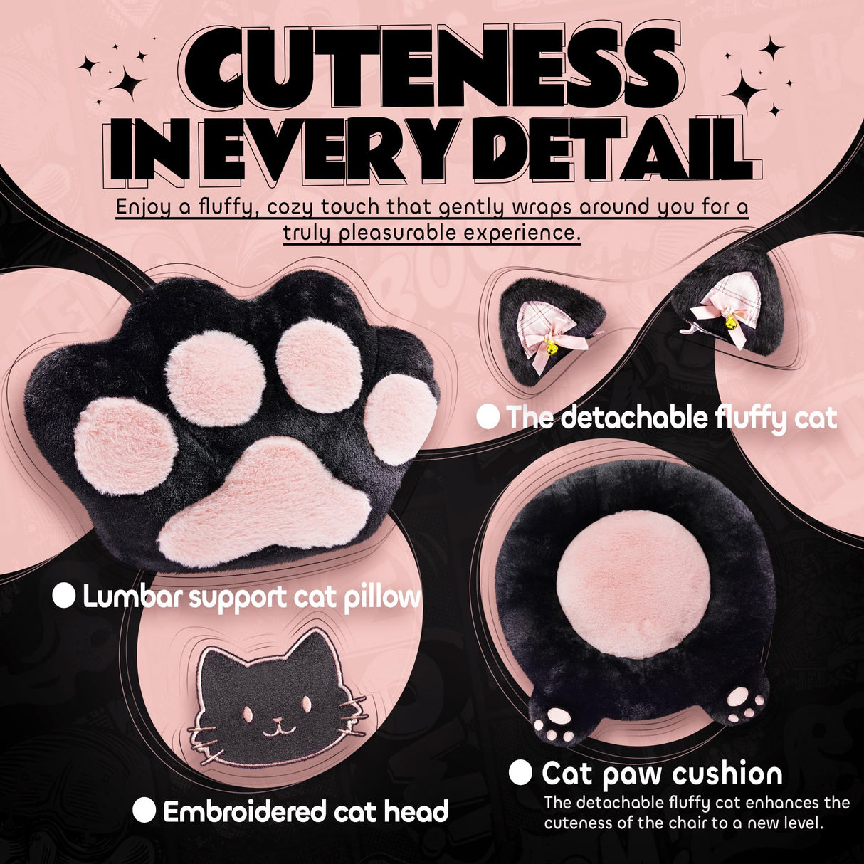 Pink Gaming Chair Cute with Cat Ears Paw Lumbar and Cushion,Ergonomic Computer Chair with Footrest,Reclining PC Game Chair for Girl Computer Chair 300lbs for Adult MEENICE