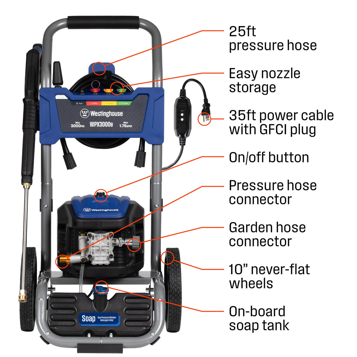 Westinghouse WPX3000e Electric Pressure Washer, 3000 Max PSI and 1.76 Max GPM, Induction Motor, Onboard Soap Tank, Spray Gun and Wand, 5 Nozzle Set, for Cars/Fences/Driveways/Homes/Patios/Furniture Westinghouse