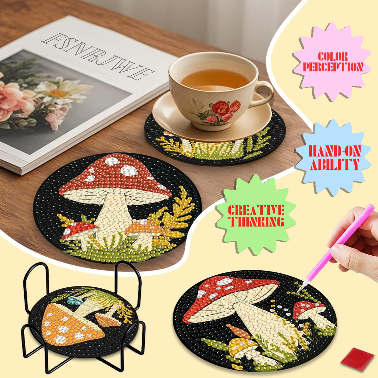 EWJRNSF 6 PCS 5D Diamond Painting Coasters Kits with Holder, Small Diamond Art Kits for Adults Beginners Diamond Dots Arts and Crafts Gems Supplies Item Mushroom Shaped EWJRNSF