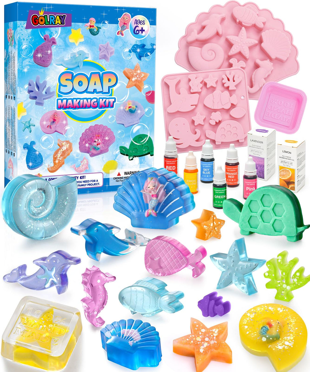 Golray Mermaid Soap Making Craft Kit Kids Toy, 18 Model, 6 Ink, 2 Essential Oil Supply, Art and Craft for Kid Girl Age 8-12 Year Old Ocean Animal Toy Birthday Gift, DIY Science Kits (Create 16+pcs) Golray