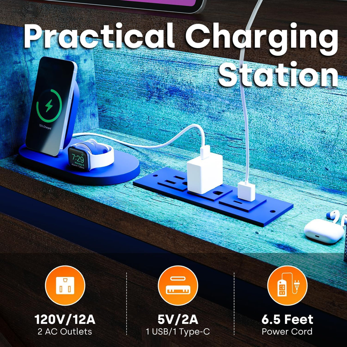 Incyneva Farmhouse Full Bed Frame with Bookcase Storage Headboard, Charging Station, LED Light and 2 Storage Drawers, Noise Free, No Box Spring Needed, Brown Incyneva