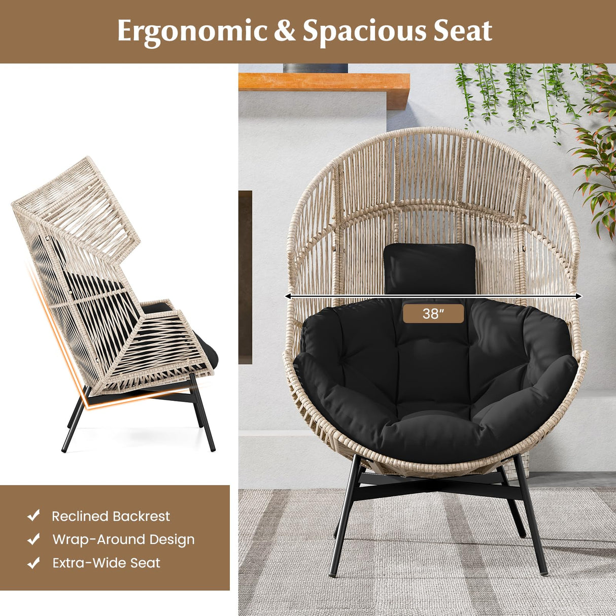 Tangkula Oversized Egg Style Chair, Wicker Stationary Patio Egg Chair w/Cushions & Headrest, Heavy-Duty Metal Frame, Patio Lounge Basket Sofa Chair for Yard, Porch, Living Room Tangkula
